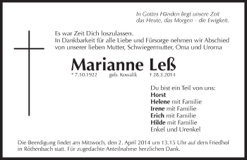 Traueranzeige von Marianne Leß von Pegnitz-Zeitung